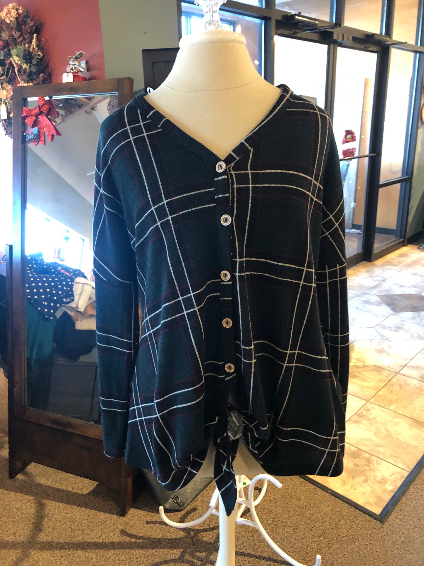 Green and red plaid button up
