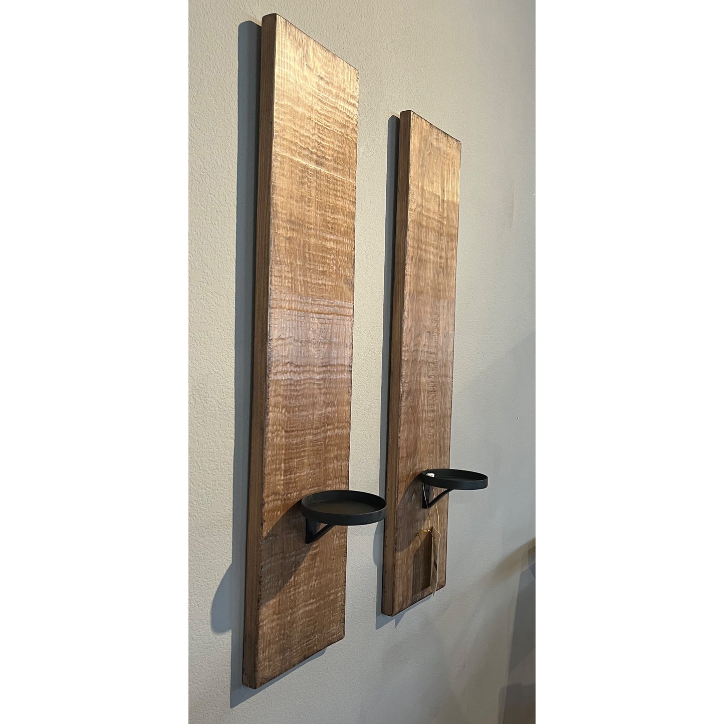 Set of Antique Natural Wood & Metal Sconce